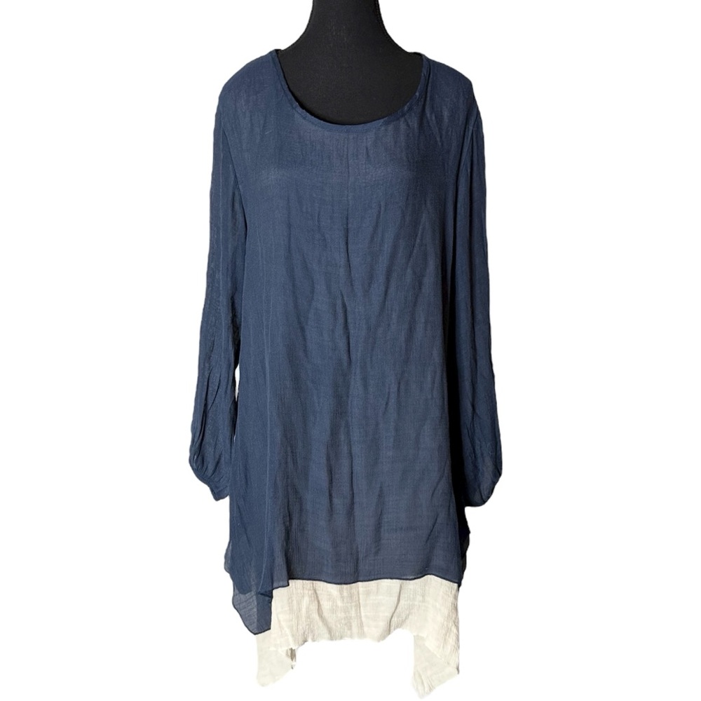 CHERIE BLISS Flowy Tunic Top Asymmetrical Layers Blue Cream Lightweight Size XL